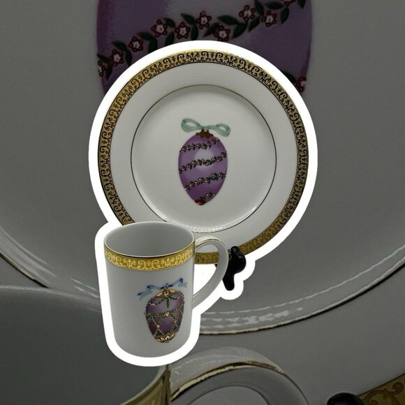 Gold Buffet Royal Gallery Purple Faberge Egg Dessert Plate and Coffee Cup Vintag - Picture 2 of 16